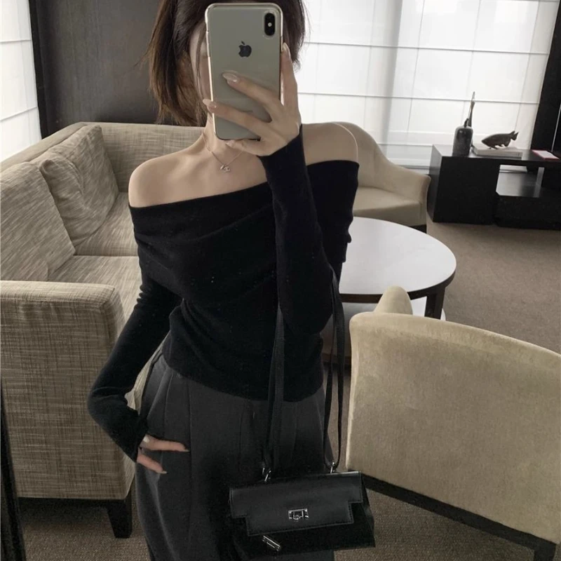 Slash Neck Pullovers Sexy Spring Summer Long-sleeve Casual Knitted Tops Off-shoulder Slim All-match Fashion Temperament Tender