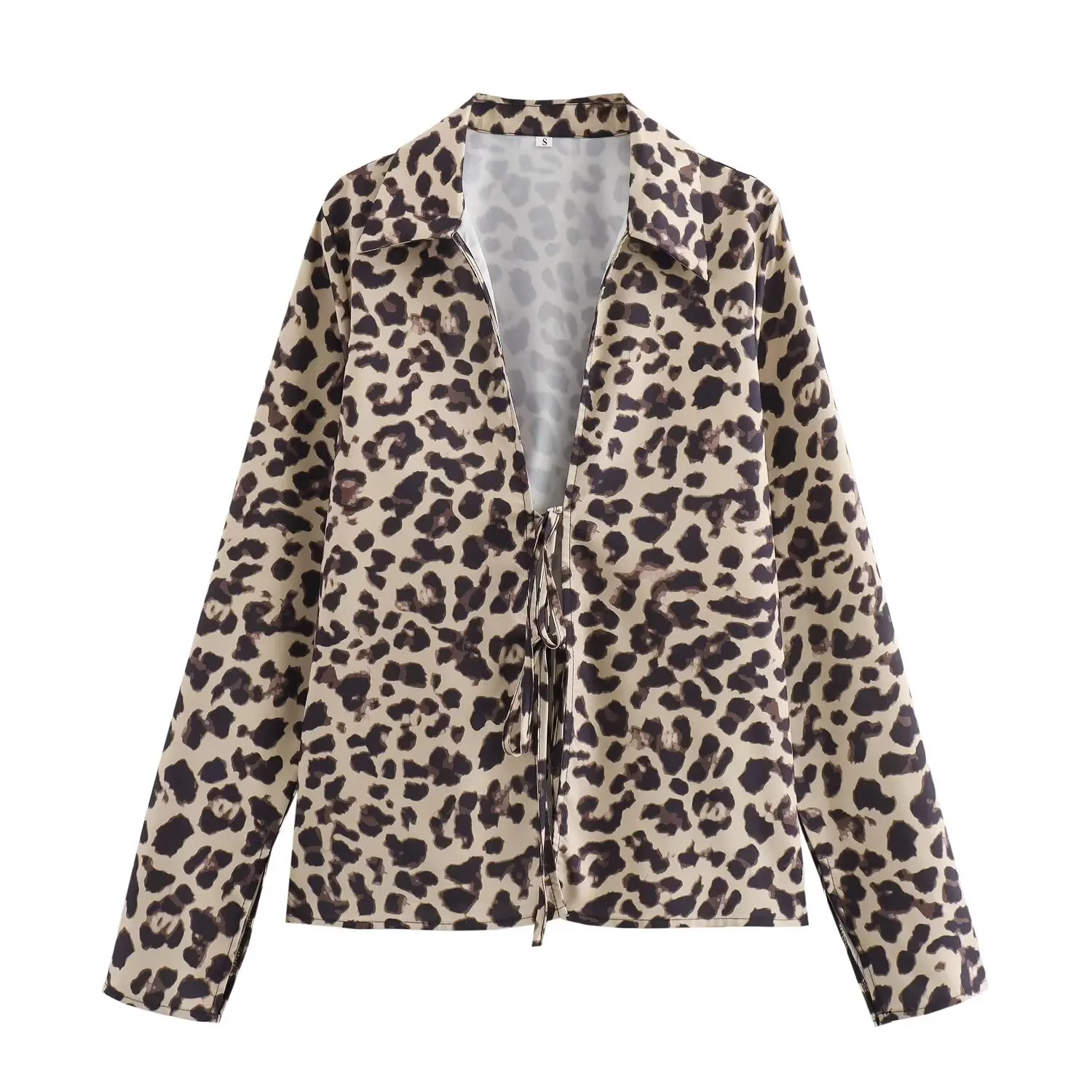 

French style niche leopard print long-sleeved shirt women's fashionable versatile bow tie slim shirt