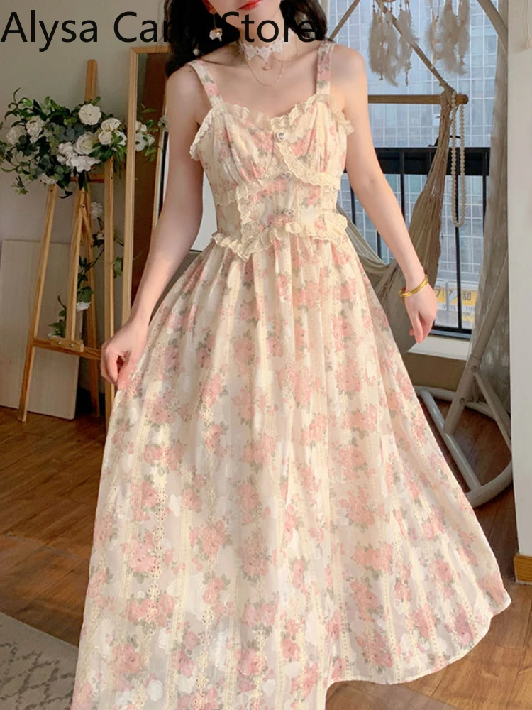 Chiffon Lace Strap Dress Women Floral Embroidery Fairy Vintage Long Dress Female Sweet Princess Casual Party Dresses 2022 Summer