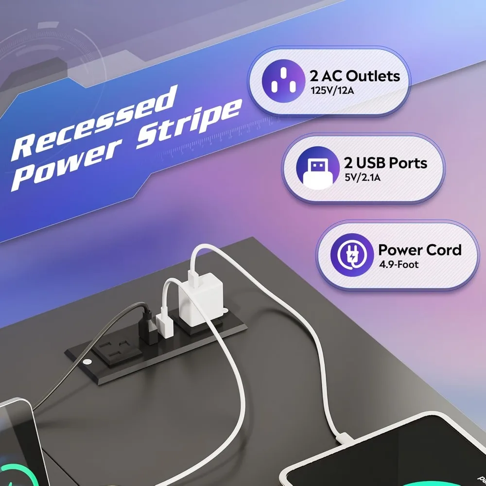 Escritorio para juegos en forma de L de 43 pulgadas con iluminación LED con tomas de corriente para espacios pequeños, escritorio esquinero para computadora para una configuración de PC resistente