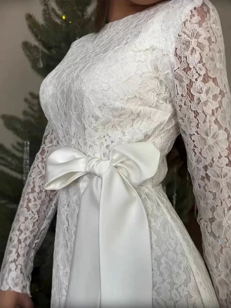 فستان دانتيل بسيط كاجوال بنمط عطلة، تنورة طويلة لطيفة وأنيقة بأكمام طويلة بلون سادة من الدانتيل مع ربطات عنق من الدانتيل