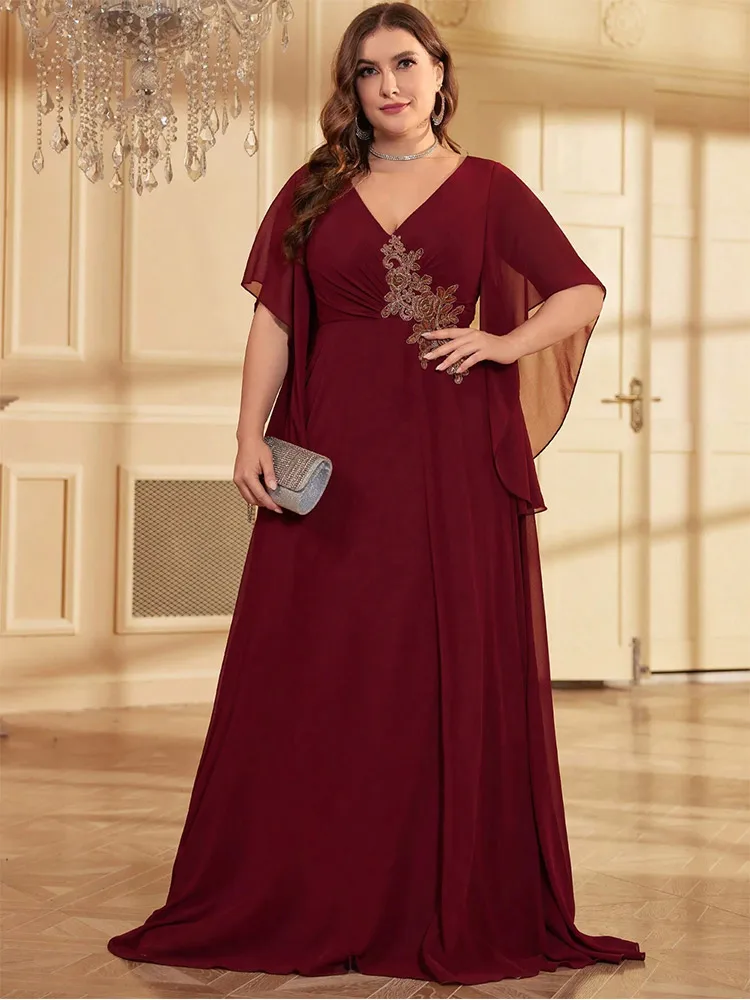 S-7xl Grote Maat V-Hals Bordeauxrode Korte Mouwen Chiffon Appliqué Avondjurk Tot Op De Grond Maxi Elegante Luxe Avondjurk