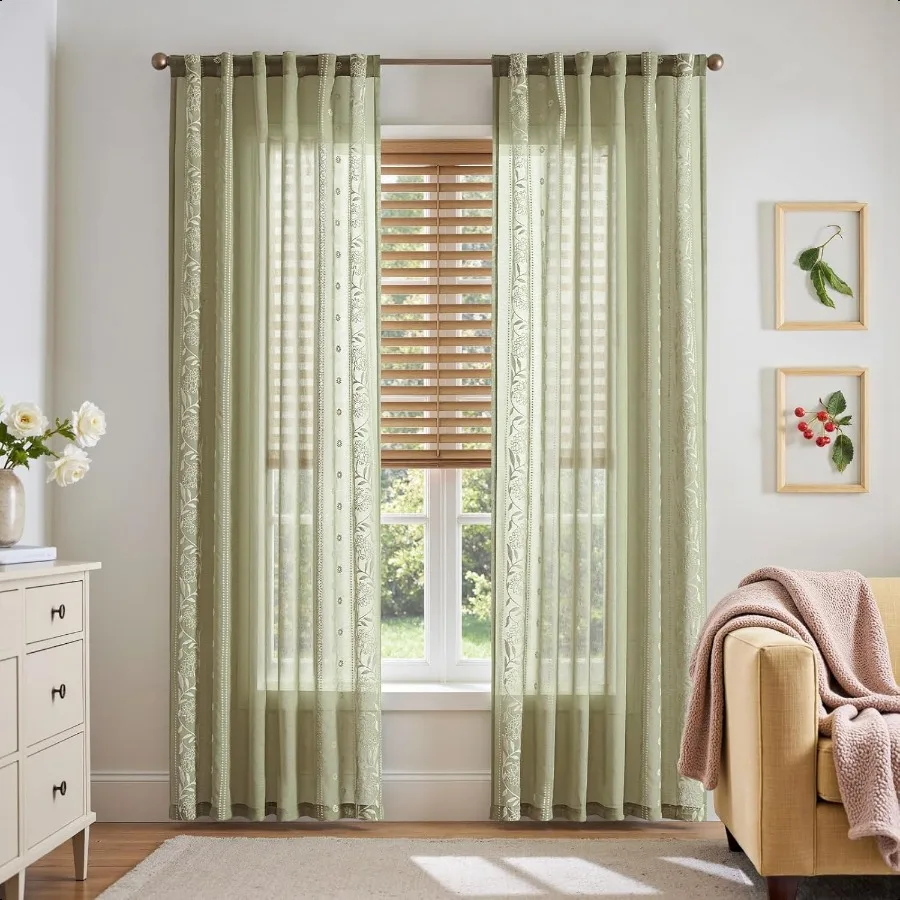 

Winslow Sage Sheer Curtains 84 Inch for Bedroom Living Room Embroidered Bordered Floral Nursery Curtains for Playroom Dorm Ligh
