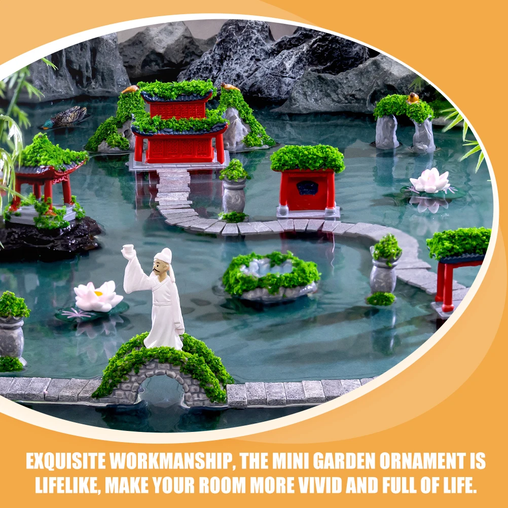 

11pcs Chinese Style Micro Landscape Ornament Resin Garden Decor For Diy Landscaping Miniature Outdoor Plant Pot Fish Tank