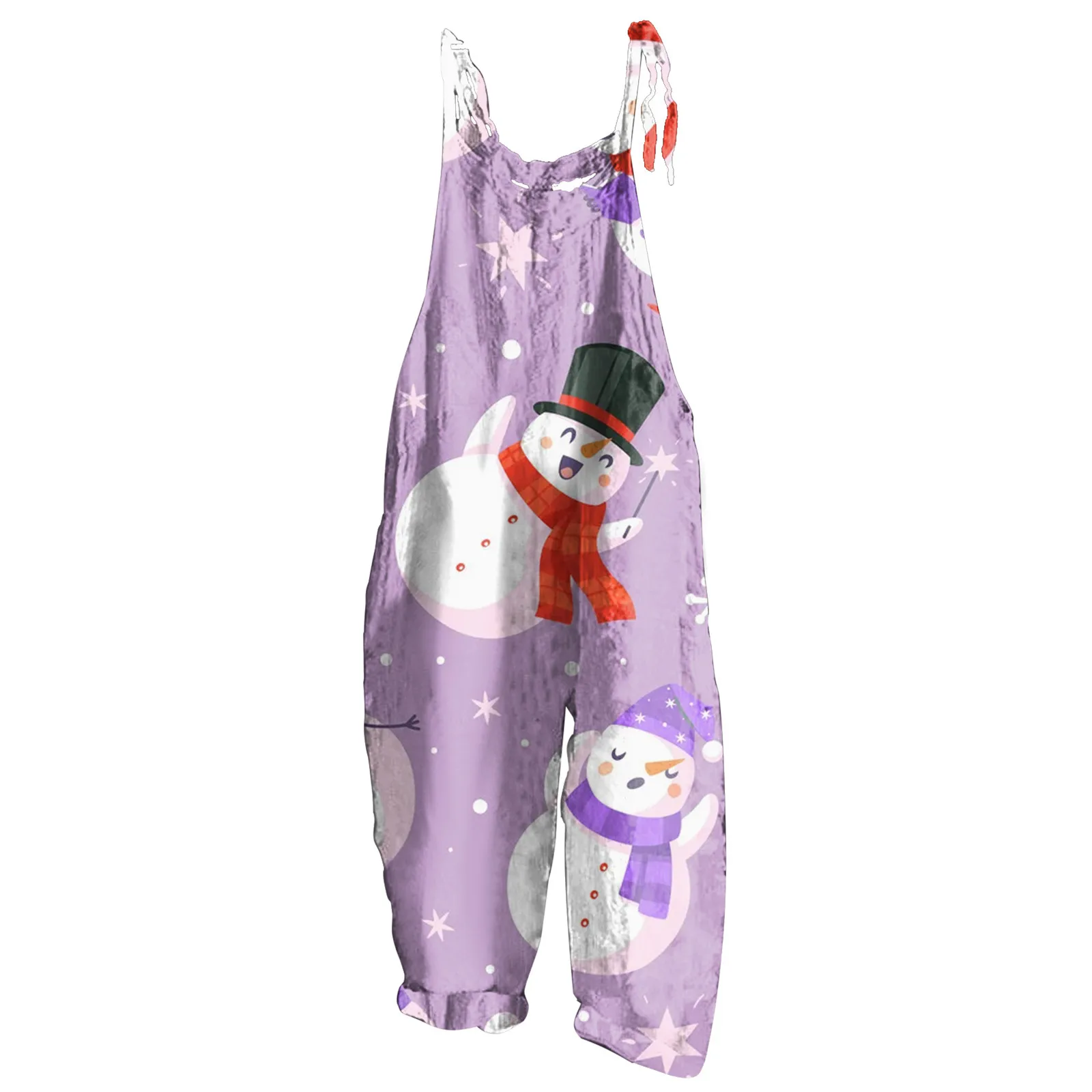 Women'S Christmas Snowman Print Adjustable Strap Jumpsuit Wide Leg Rompers Loose Casual Bib Overalls Strappy Dungarees 2023