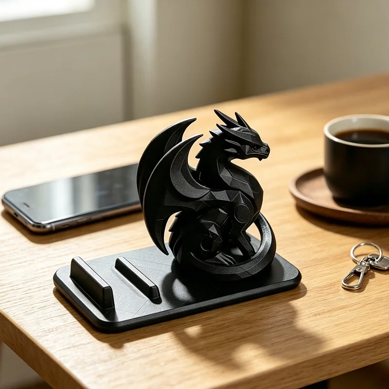 3D Printed Geometric Black Dragon Phone Stand Holder Winged Dragon Sculpture Desktop Ornament Multi Slot Cellphone Support