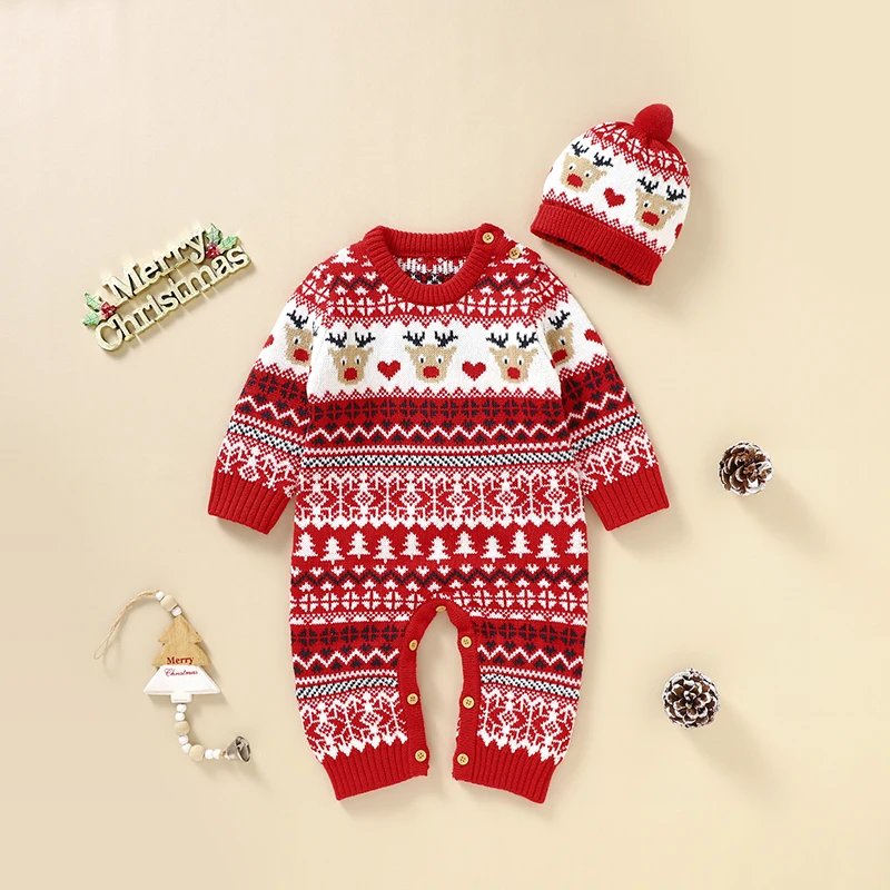 Baby Christmas Rompers Clothes Winter Red Long Sleeve Knit Newborn Boys Girls Jumpsuits Outfits Costumes Toddler Infant Playsuit