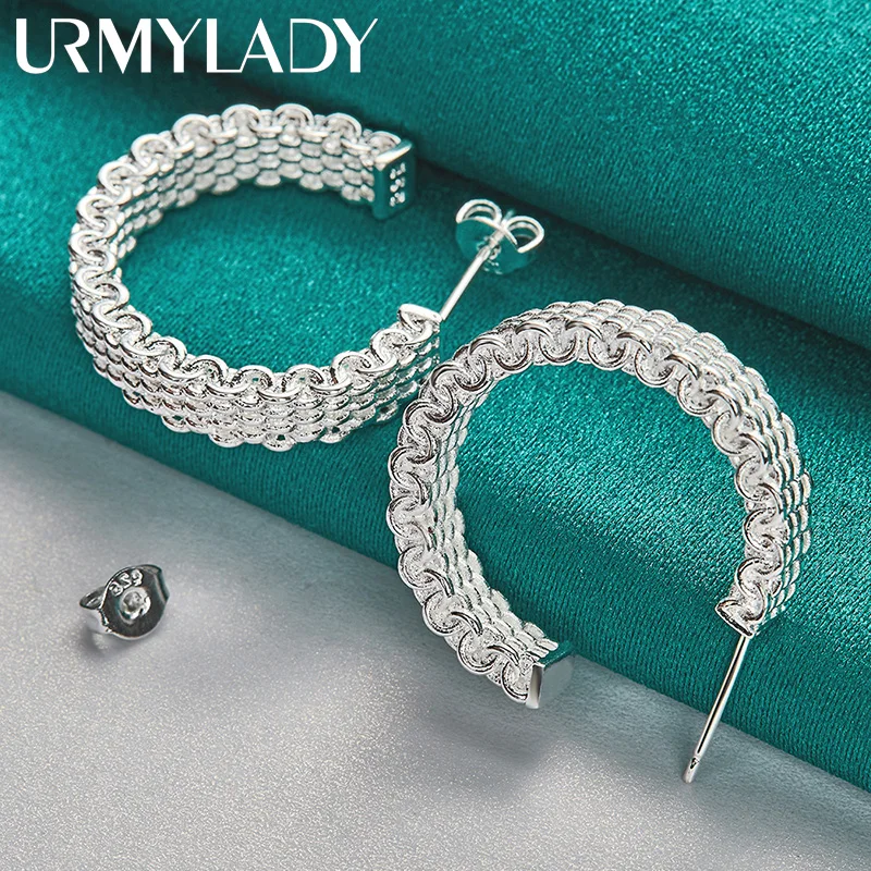 

URMYLADY 925 Sterling Silver 25mm Woven Mesh Stud Earrings For Women Fashion Wedding Engagement Charm Jewelry