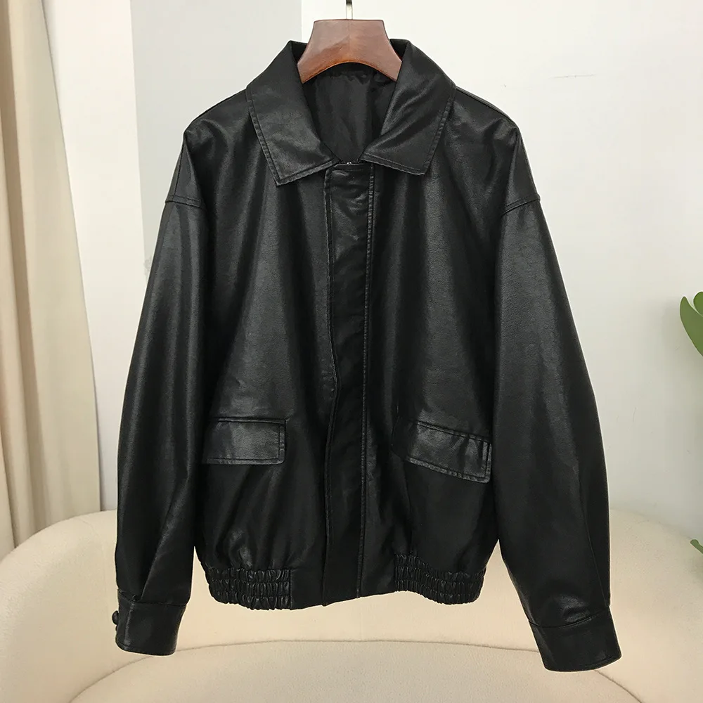 2024 High end PU women's leather jacket, women's spring and autumn new style, lapel versatile loose leather jacket top