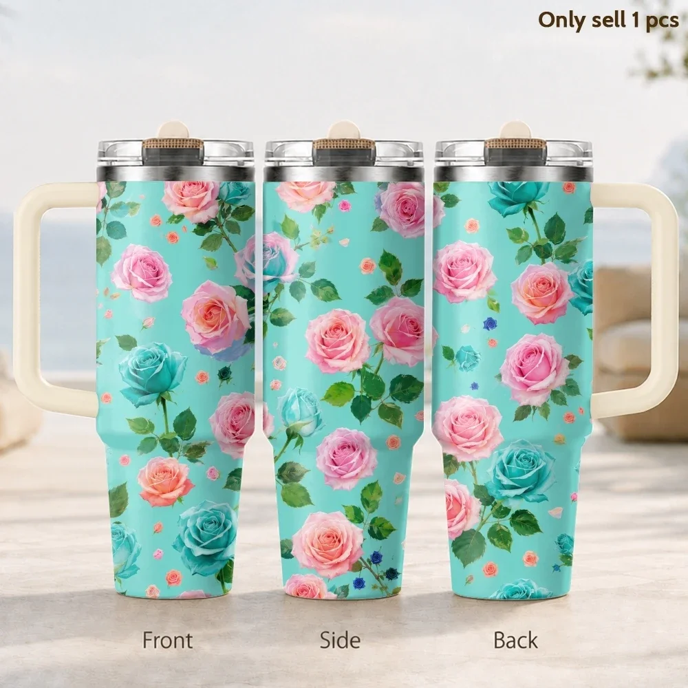 Turquoise Rose Seamless Pattern Vacuum Flasks 40oz 3rd Gen Vacuum Insulated Stainless Steel Tumbler Cup With Handle Straw Lid