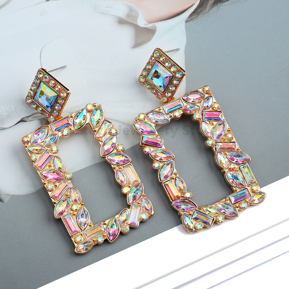 New Fashion Design Rectangle Dangle Drop Earrings For Women Shiny Colorful Rhinestone Decor Vintage Jewelry Ear Accessories