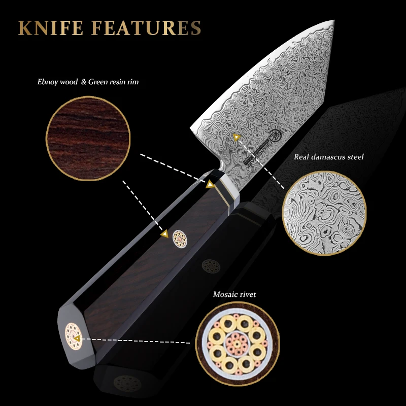NEW 5.4” Bunka Knife 67 Layers Damascus Steel 10Cr15C0Mov Cutting Core with Ebnoy & Green Resin Rim Handle Grandsharp
