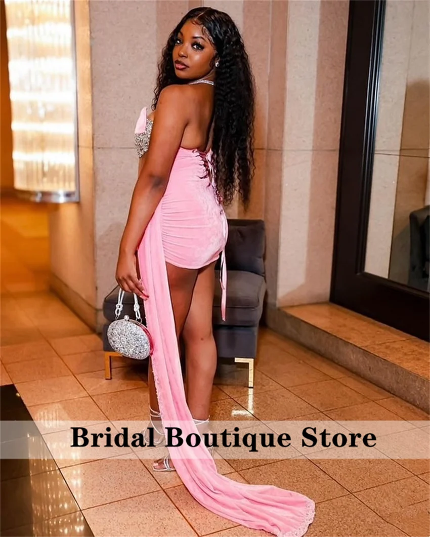 Sexy Pink Short Prom Dress For Black Girls Cocktail Dress Bead Diamonds Crystals Side Train Birthday Dress Customized