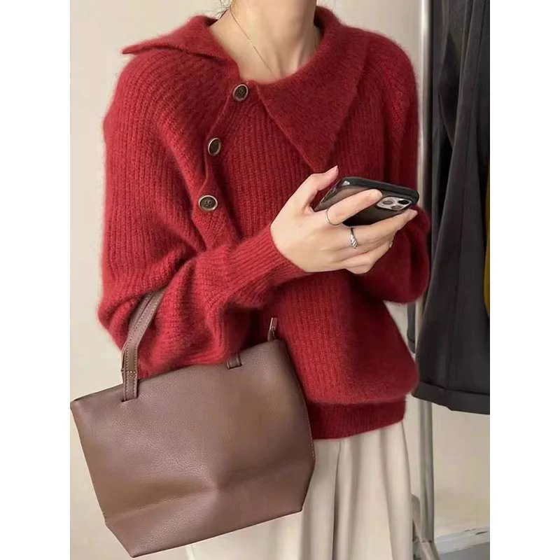 Autumn and Winter Women\'s Solid Skiw Collar Long Sleeve Loose Pullover Knitted Underlay Vintage Fashion Casual Office Lady Tops