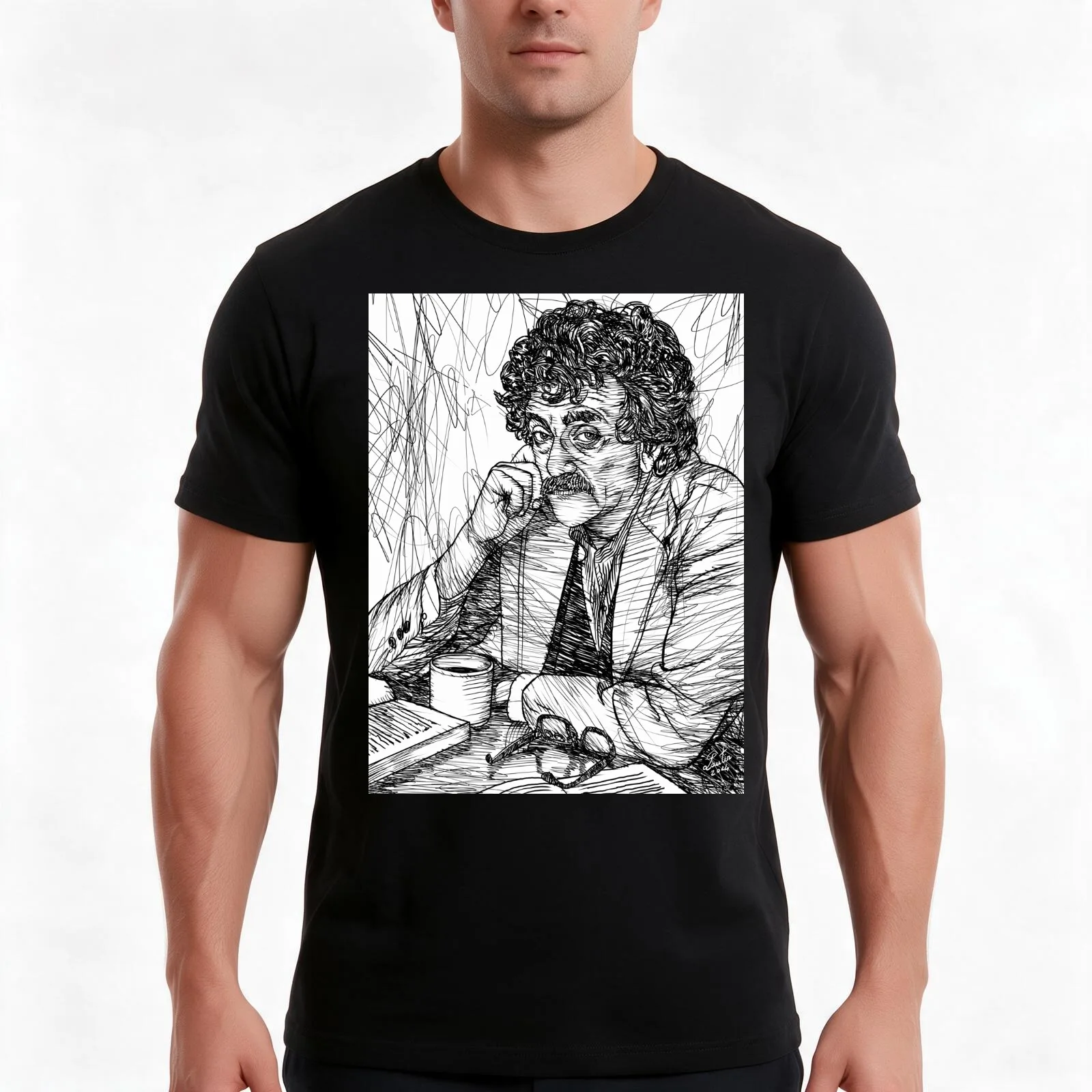 KURT VONNEGUT ink portrait .1 T-Shirt Summer Casual Cotton Tee Oversized Streetwear Tops Vintage Graphic Print 100% Cotton