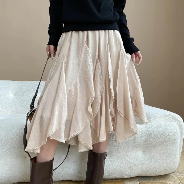 Women Skirts Solid Skirt Lace Spliced Asymmetrical Elastic Empire Waist Mid Calf Length Loose Fit Casual Office Lady 2025 Autumn
