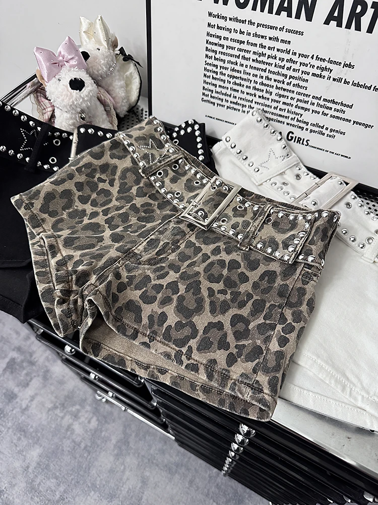 Dames zomer herfst high street luipaard denim shorts dame streetwear lage taille slanke denim korte broek