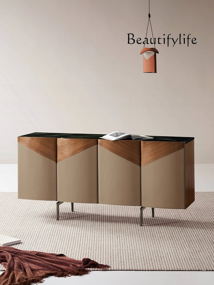 Italian Minimalist Saddle Leather Sideboard Cabinet Modern Light Luxury Marble Top Hallway Locker