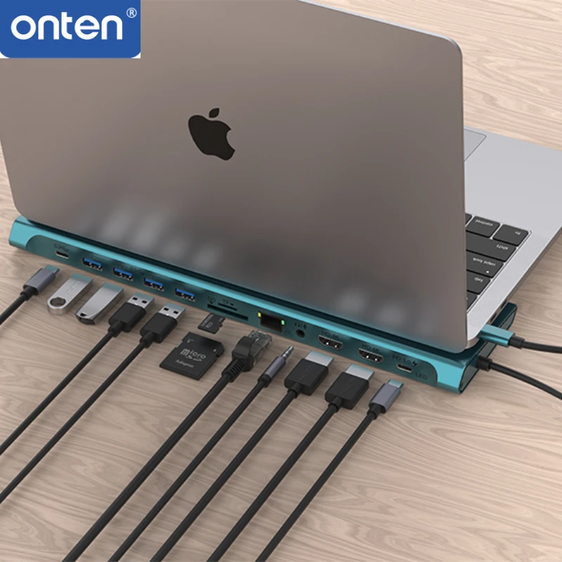 ONTEN 12 In 1 USB C Docking Statio Dual HDMI 4K@30Hz USB3.0 RJ45 SD TF Card Reader PD 3.5mm Audio Port Multiport Hub for Lapto