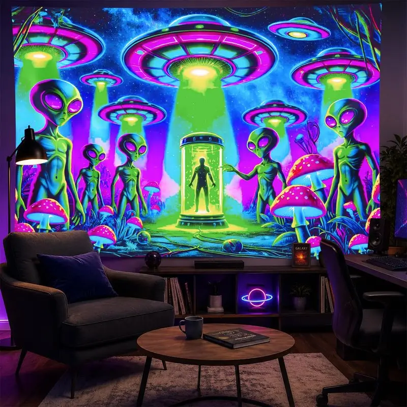 VIKAMA UV Reactive Alien UFO Tapestry Trippy Mushroom Space Galaxy Psychedelic For Bedroom Dorm Party Wall Decor Home