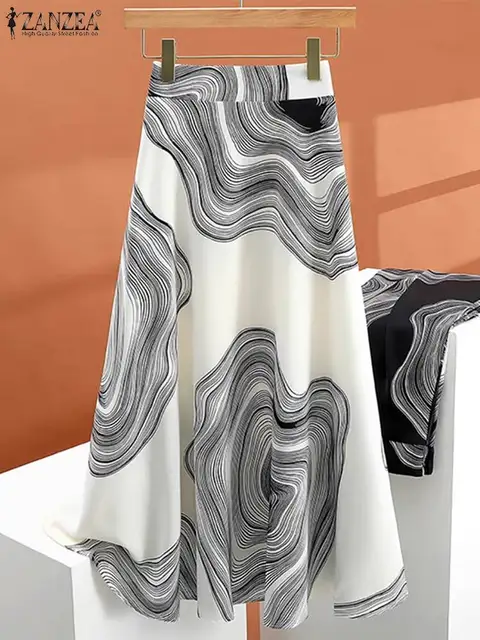 ZANZEA letnie elastyczne spódnice z wysokim stanem damskie luksusowe drukowane linia A jupiter koreańska moda biuro Faldas Vintage wakacyjna spódnica trzy czwarte