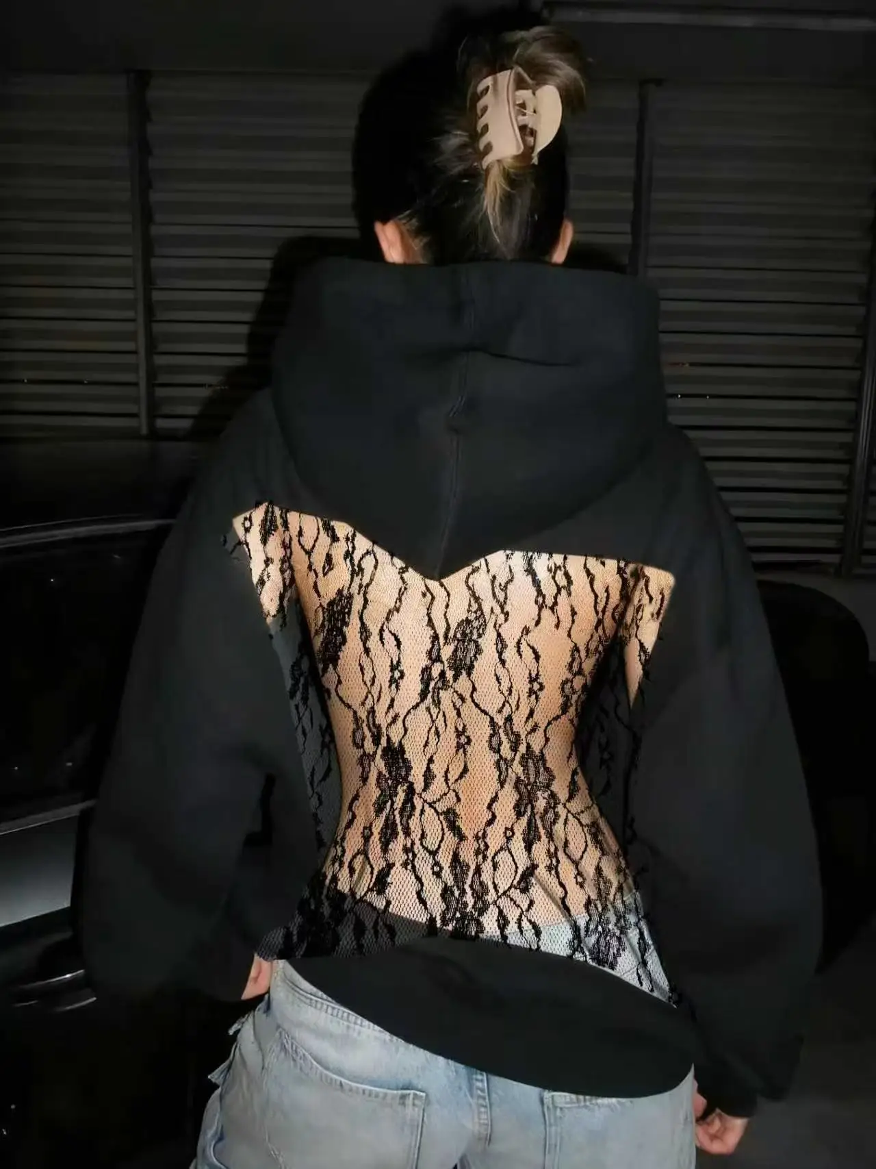 Übergroßer Hoodie für Damen, Langarm, Netzstoff-Rücken, Cut-Out-Pullover, Sweatshirt, Y2K, sexy, ausgehöhlt, lässige Streetwear-Oberteile – Detail 8