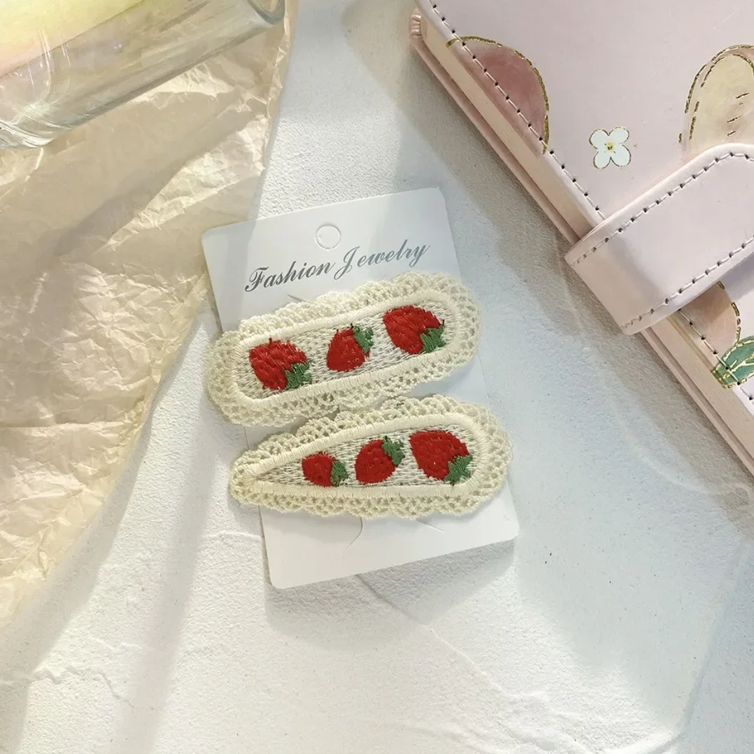 2Pcs Sweet Girl Embroidery Hairpin Lace Side Clip Cute Kids Hair Ornament Pastoral Style Fruit Pattern Headwear