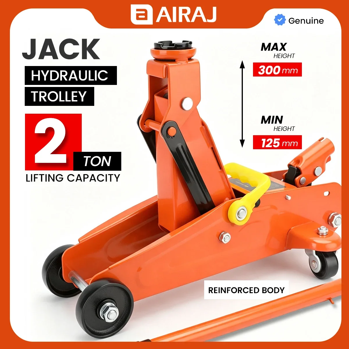 AIRAJ Hydraulic Jack 2 tons - 125-300mm - High-strength steel with thickened -Comes with swivel wheels-Portable for hand use