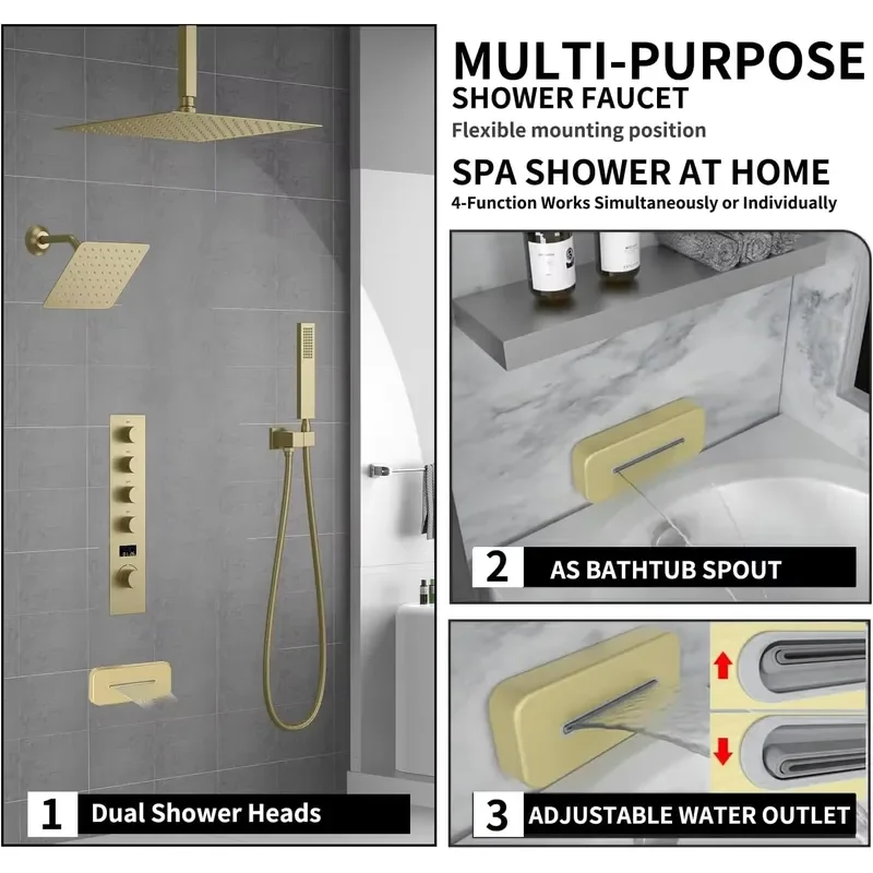 Wall Mounted Rain Shower Head Single Handle Set Bathroom Shower Fixture Digital Display Polished Surface for Hotel