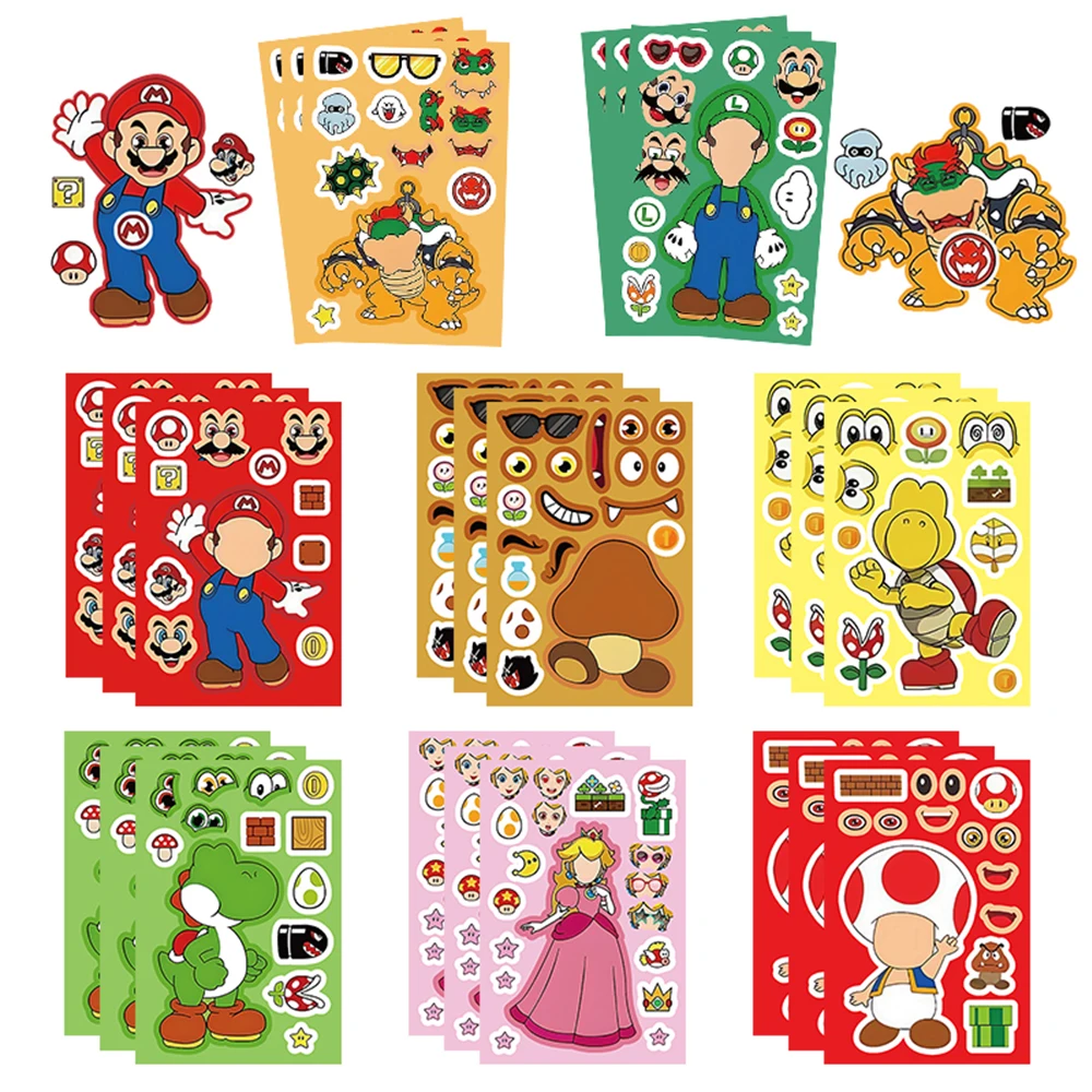 

8/16sheets Super Mario Cartoon Puzzle Stickers Make a Face Children DIY Funny Game Assemble Jigsaw Decals Kids Party Decoration