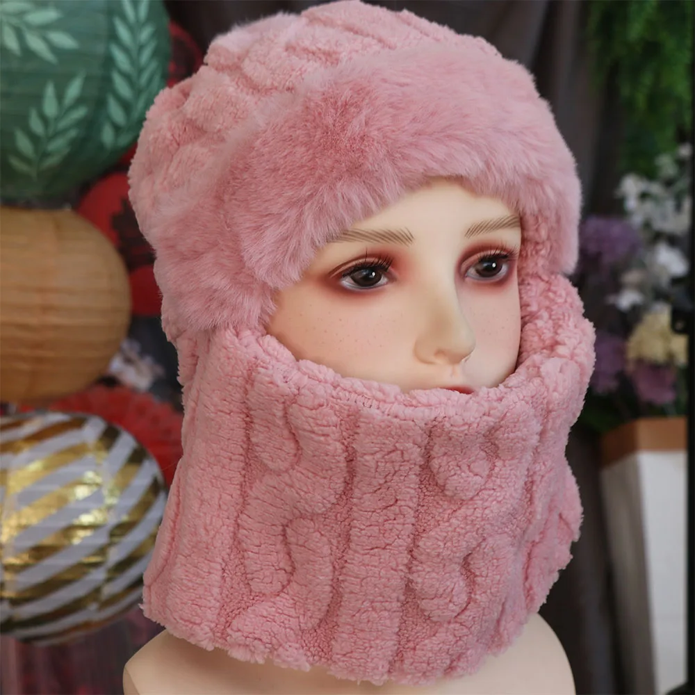 Winter Ear Protection Crochet Hat Scarf Set Thicken Neckerchief Plush Ball Hat Soft Neck Warmer Pullover Cap Cycling