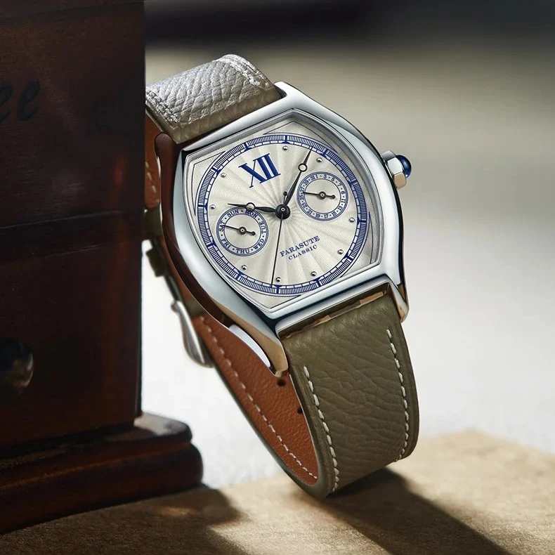 ساعة FARASUTE للرجال 36 ملم حافظة تونيو كوارتز ساعة يد ياقوت مينا VH64 تقويم مزدوج تاريخ الأسبوع