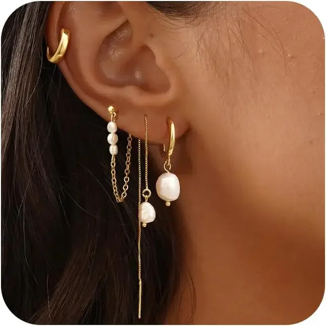 4 paires de boucles d'oreilles créoles pendantes en or 14 carats plaqué or pour femmes, hypoallergéniques, chaîne à pendentif, boucles d'oreilles tendance pour plusieurs piercings, bijoux