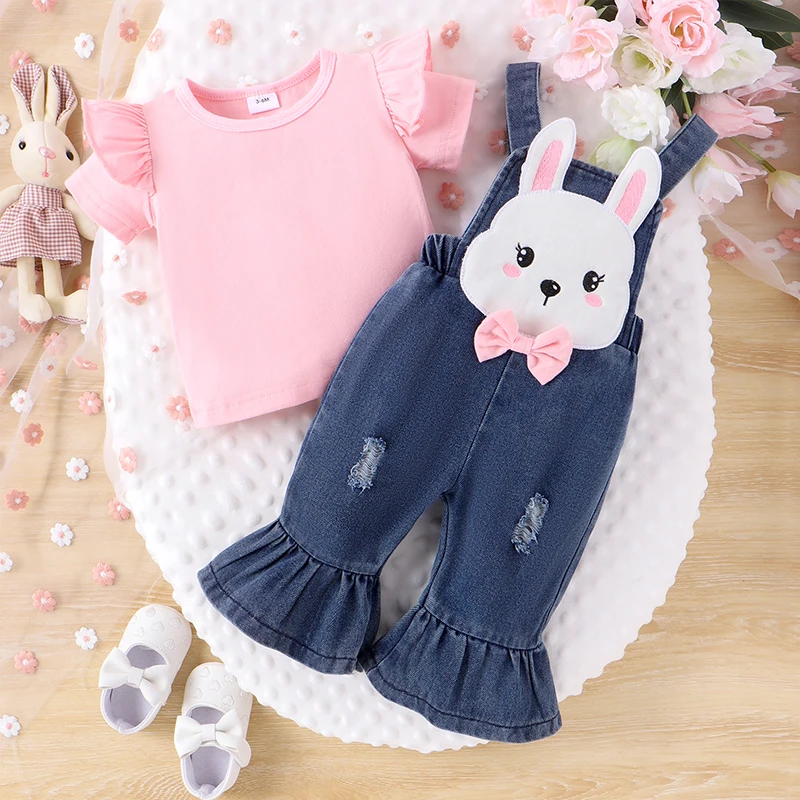 BeQeuewll Baby Girl 2Pcs Spring Outfits Short Sleeve Ruffle Tops And Denim Overalls Set Infant Clothes For 3-24 Months