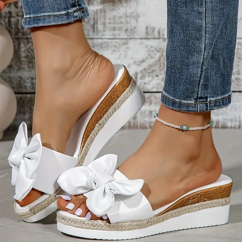 New Women Slippers Casual Solid Color Bowknot Platform Flat Shoes Fashion Braided Straps Outdoor Walking Sandals Zapatilla Mujer