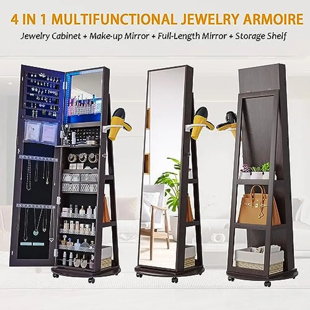 360 Degree Rotating Lockable Jewelry Cabinet Organizer with LED Lights Full Length Mirror and Makeup Tray Standing Armoire