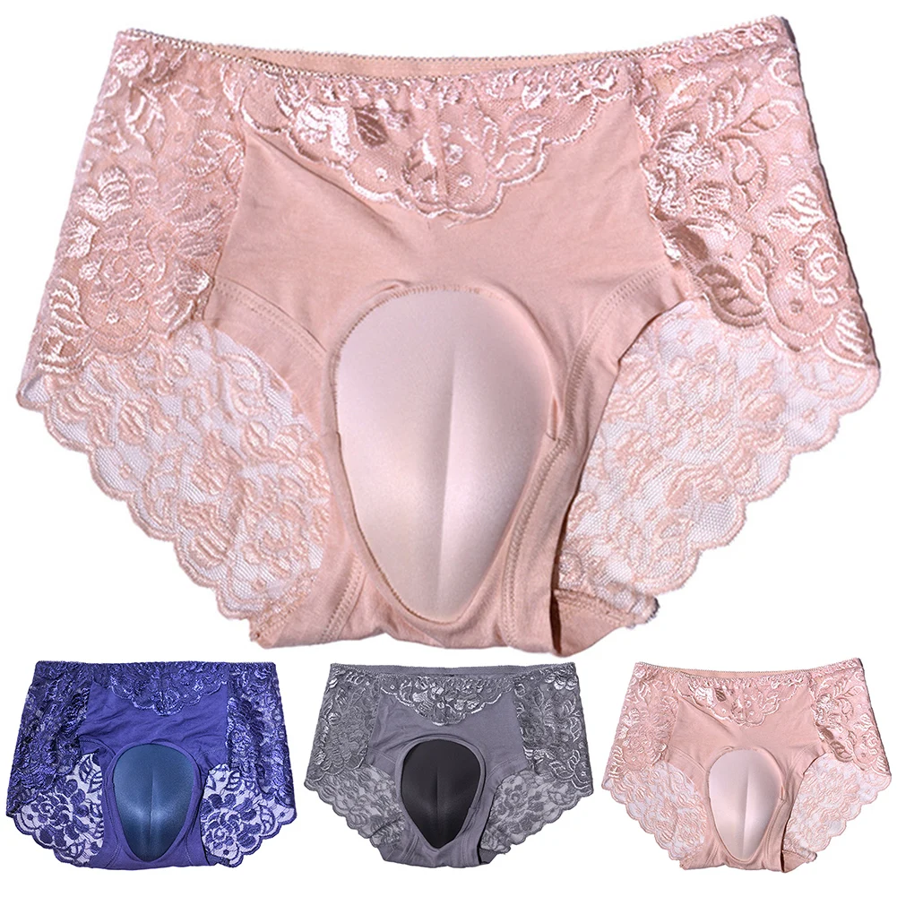 Men\'s Sexy Crossdress Camel Toe Panties Sheer Lace Sissy Underwear Fake Pussy Shaping Underpants Hiding-Gaff Erotic Lingerie