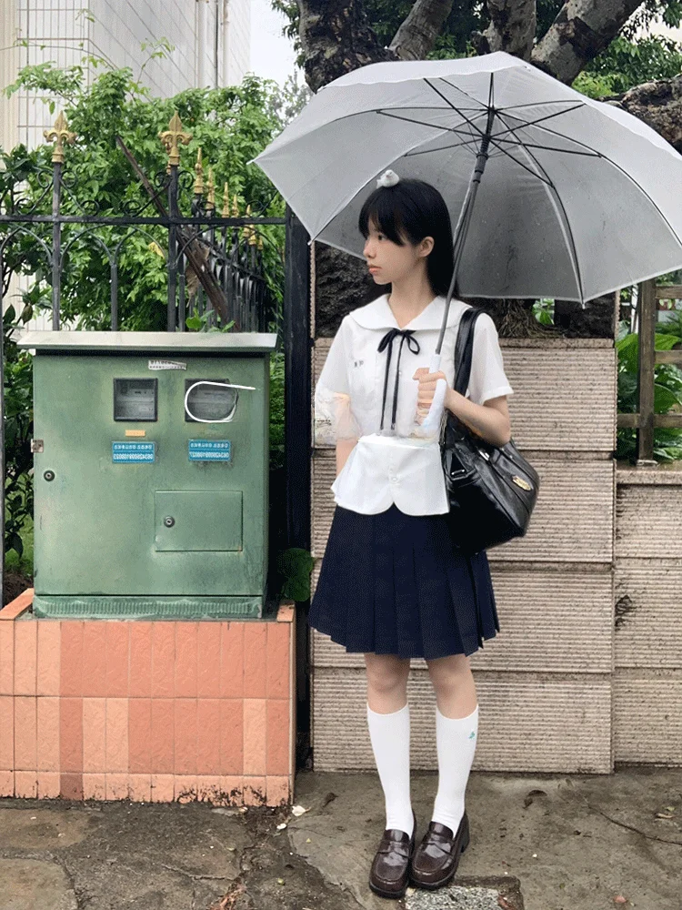 

Summer New Style Women's Short Sleeve Shirt Waist in Original Navy Collar Milk Flavor Cherry Jk Uniform Set College Style