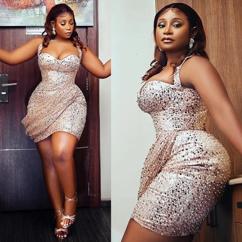 

Customized Aso Ebi Cocktail Dresses for Women Short Illusion Mini Graduation Dresses Spaghetti Straps Sequined Lace Prom Dresses