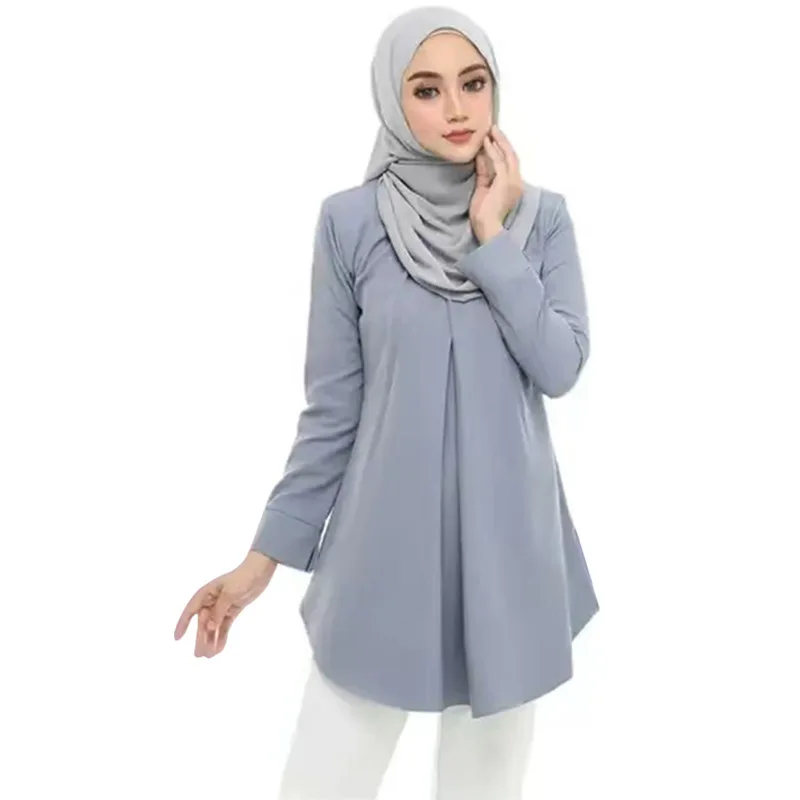 New Malaysian Crewneck Style Tops Solid Color Casual Women Long Sleeve Shirt Muslim Blouses Islam Clothing Arabic Robe Busic Top