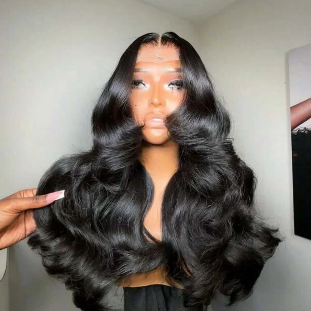 Peluca con malla frontal ondulada 13x4, cabello humano brasileño Remy, sin Gel prearrancado, 200% de densidad, negro Natural para mujeres