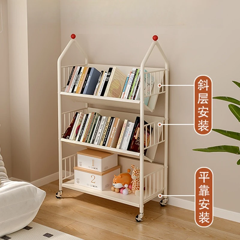 For floor movable pulley small bookcase household simple storage frame wrought iron