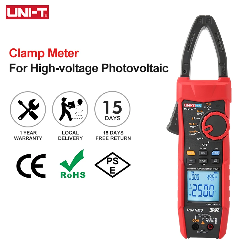 uni t digital clamp meter alicates amperimetro multimetro profissional ip65 bluetooth para fotovoltaica ut219pv 1500v 2500v 1000a 01