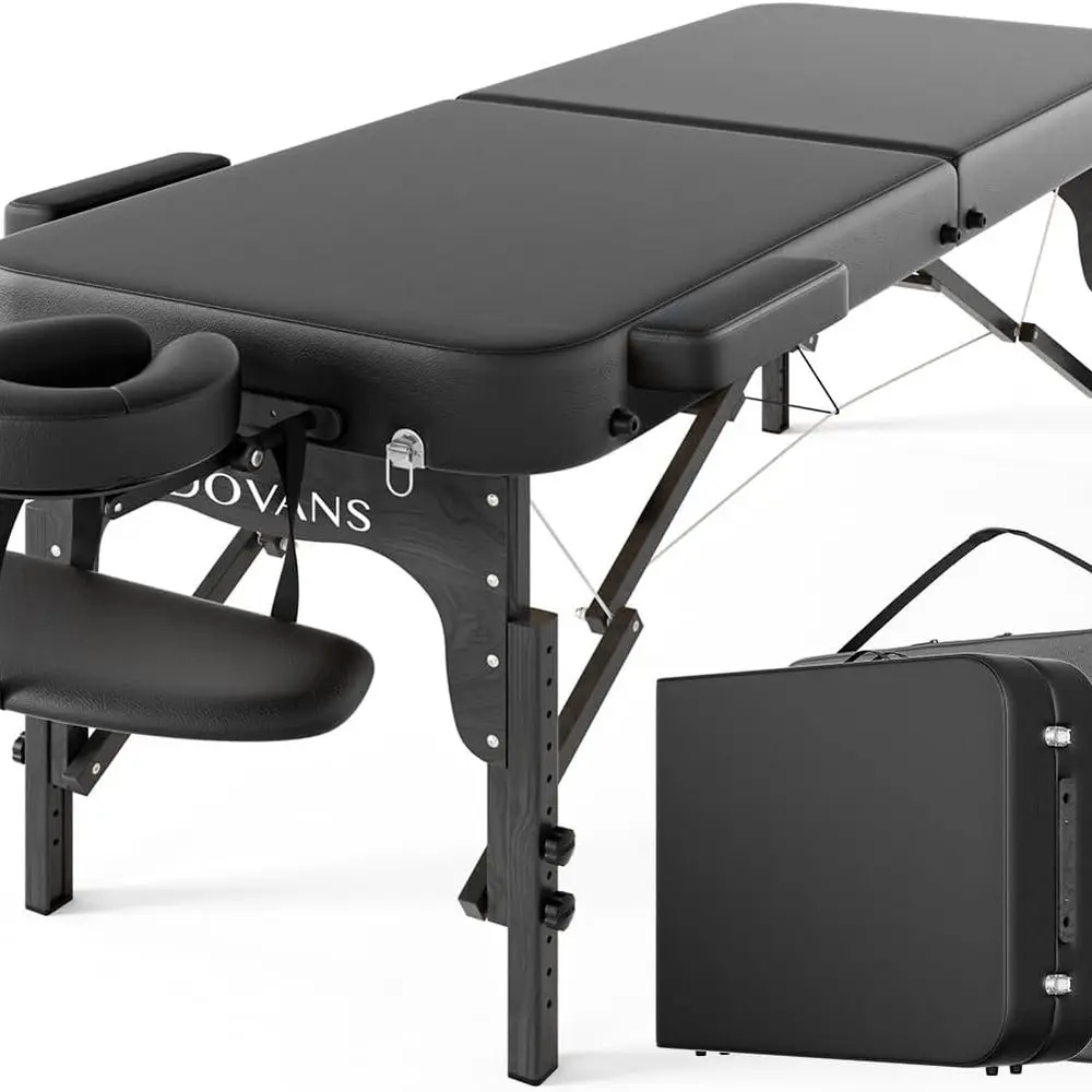 طاولة تدليك ممتازة محمولة مع رغوة مرنة، أرجل خشبية، تحمل 1100 رطل، 10 ارتفاعات قابلة للتعديل، حقيبة حمل، باللون الأسود بالكامل