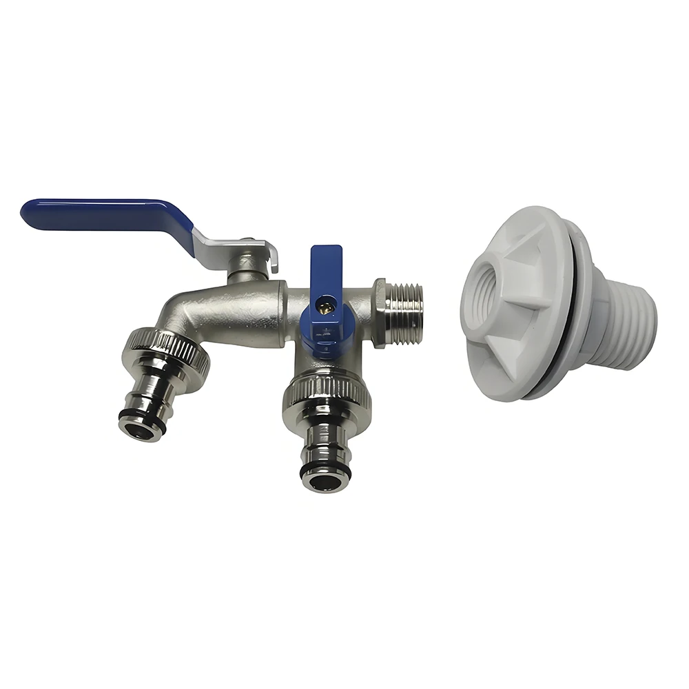 Premium Zinc Alloy Dual Outlet Garden Tap with Bulkhead Fitting – Leak-Proof, Easy Install, for Rain Barrels, Water Tanks Outd