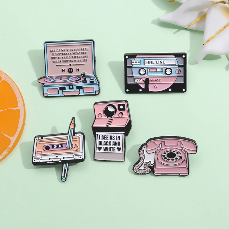 Pink Telephone Enamel Pins Retro Cartoon Music Tape Player Camera Brooch Trendy Classic Cute Lapel Jewelry Gift For Kids Friends