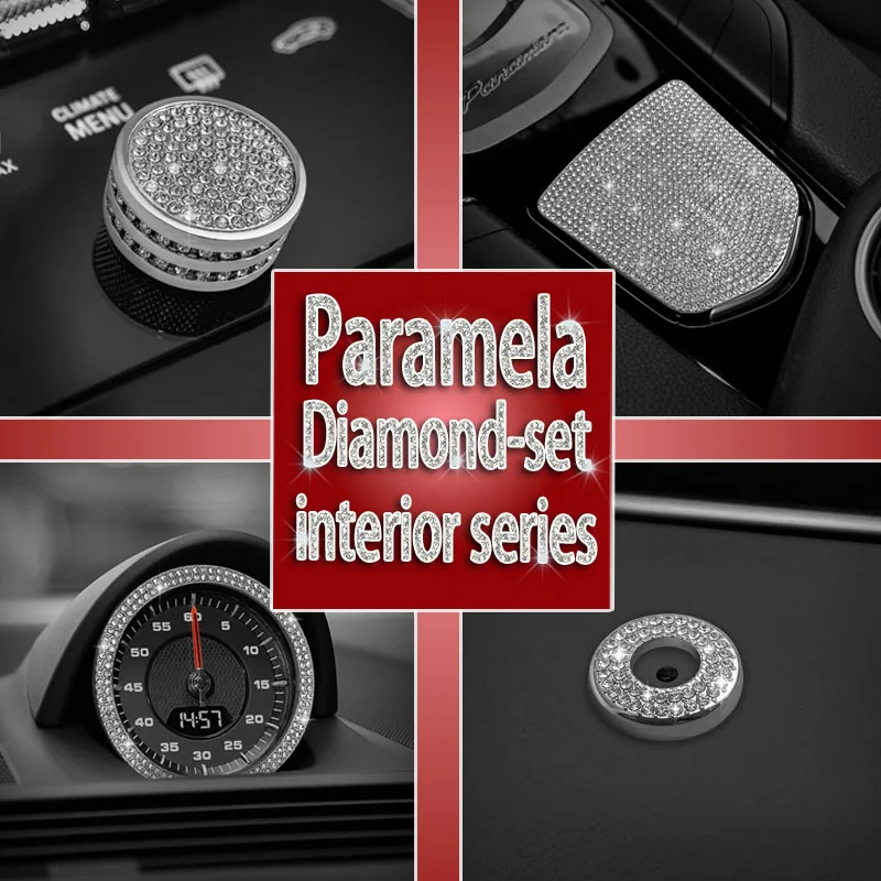 Steering Wheel Emblem Upgrade,Fit for  Paname Metal Rhinestone Decals,  One‑Touch Start Button & Air Vent Interior Modification