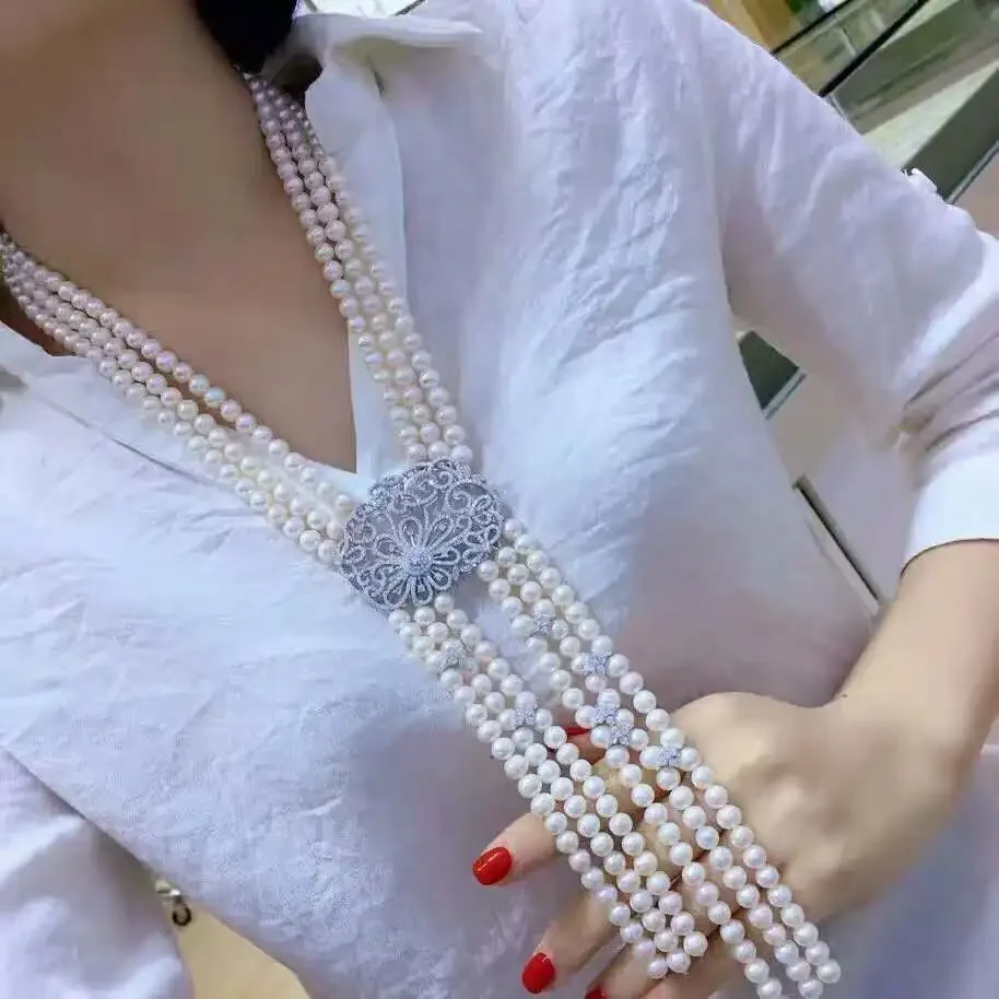 Hand knotted 3rows 7-8mm white freshwater pearl micro inlay zircon accessories necklace long 60-65cm