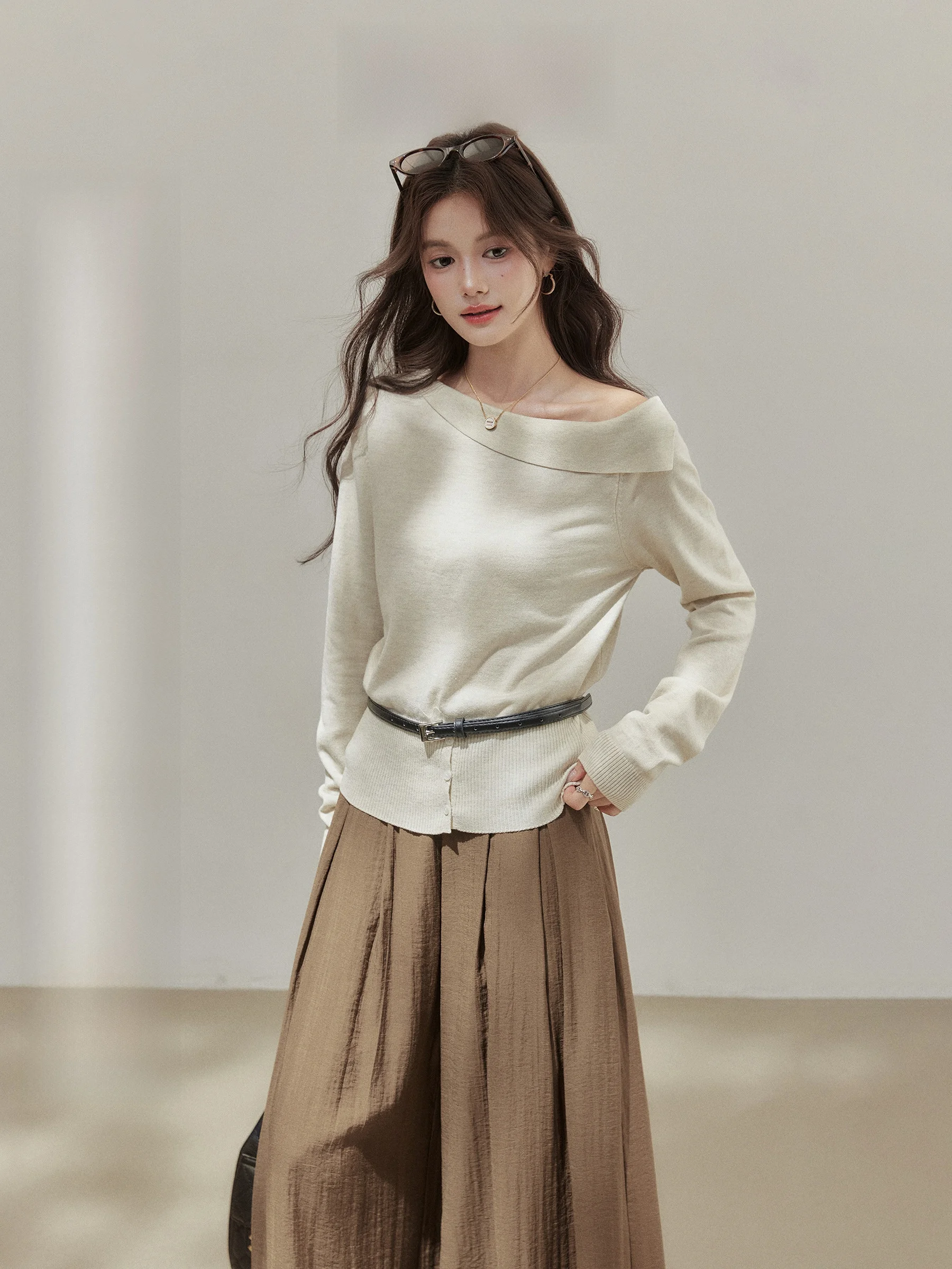 

Irregular Long Sve Knitted Sweater Women's Sle Early Autumn Korean Aosphere Feeling Cru by Wang Xuan 2025 Fall Colle...