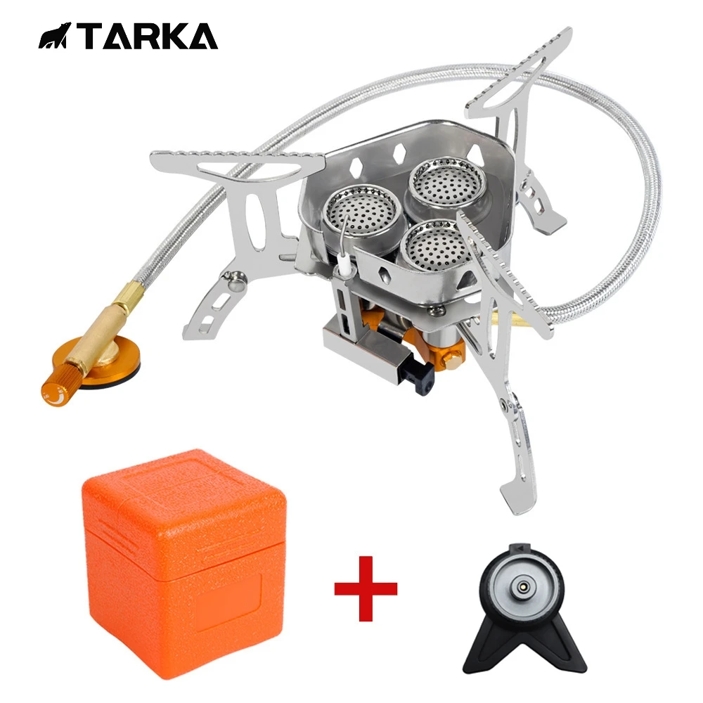 TARKA 3 Köpfe Gasherd Tourist Camping Brenner Klappbarer Rucksackkofen 5800 W Outdoor Wandern Picknick BBQ Kochausrüstung 6